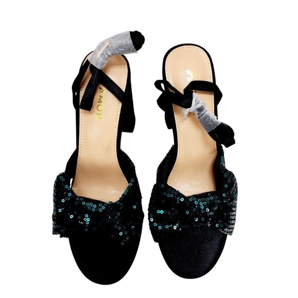 Amoji Womens Sequin Bow High Heel Sandals Black/Green Size 38 /US 8 - Picture 16 of 16